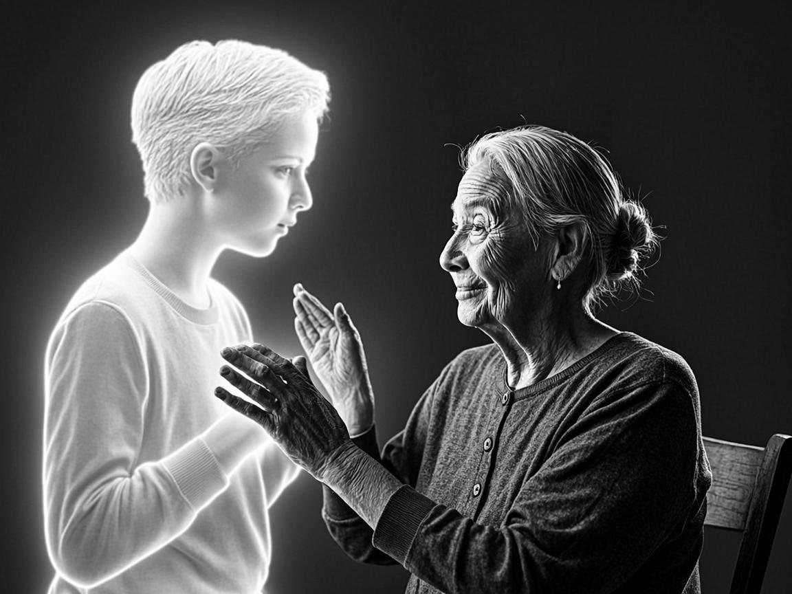 An elderly woman smiling at a gentle holographic presence