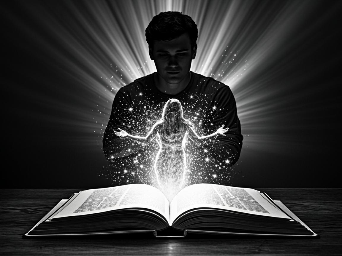 A storyteller watching a glowing character rise from a book