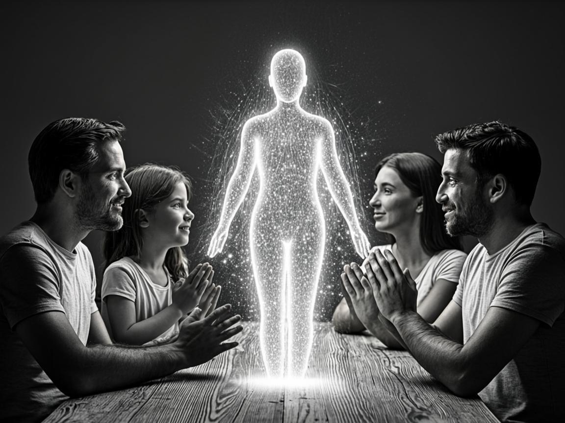 A family gathered around a glowing figure made of particles