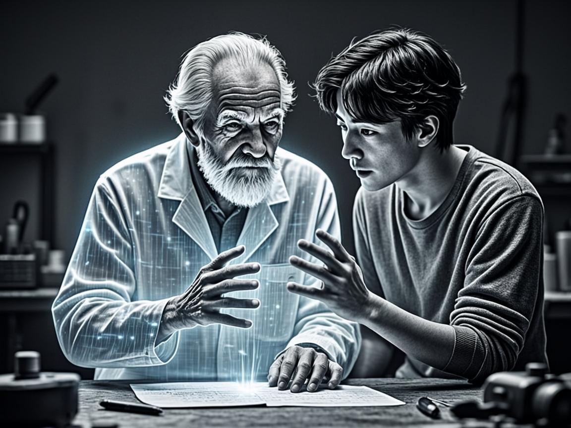 A master craftsman teaching beside his holographic duplicate